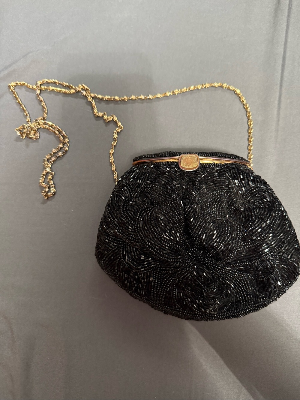 Black Beaded Evening Crossbody Bag with Gold Chain